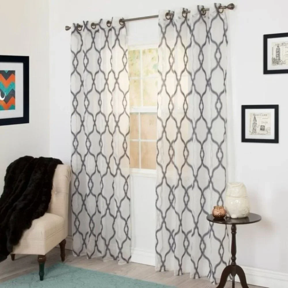 Trellis Emboidered Sheer Grommet Curtain Panel 54 in x 95 in White & Gray NEW